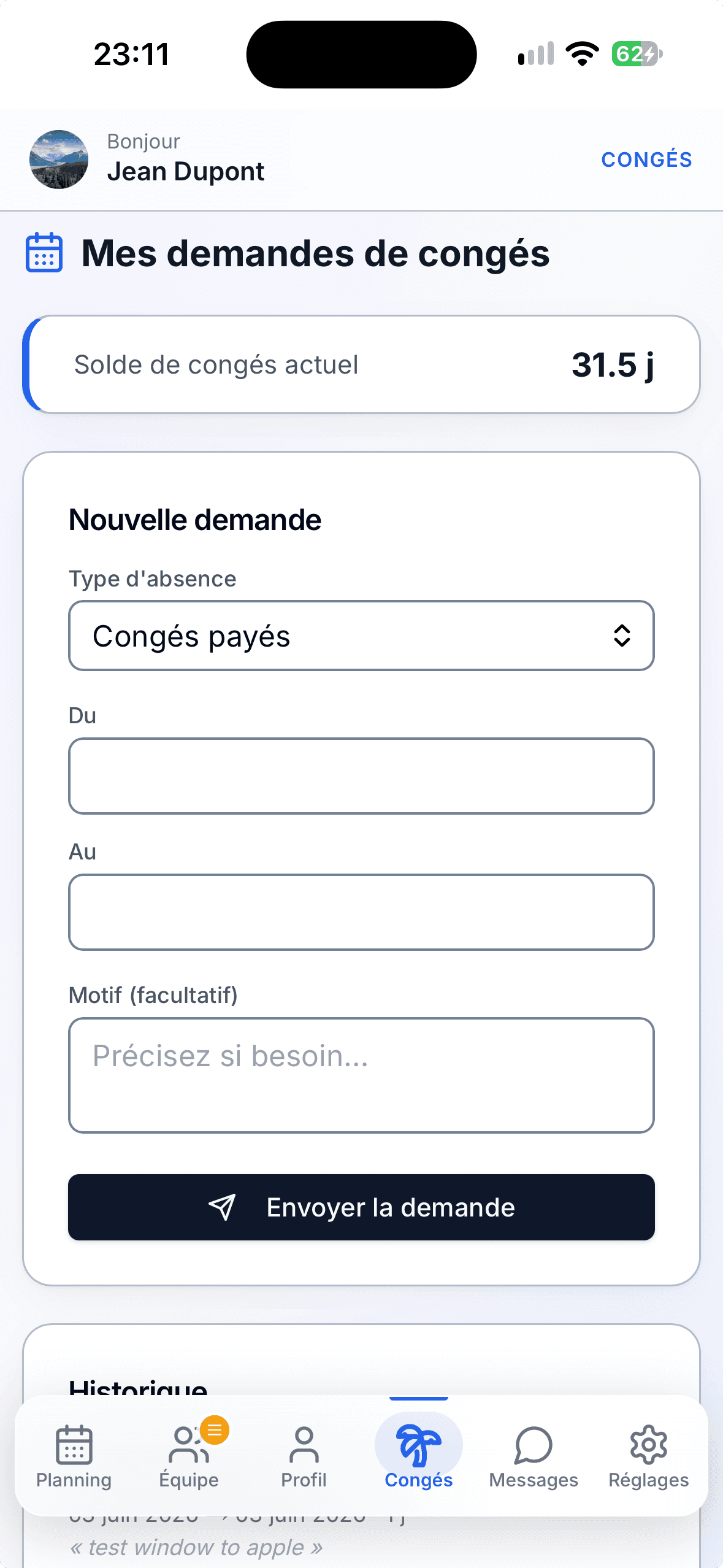 Demande de congés TRHOM sur smartphone