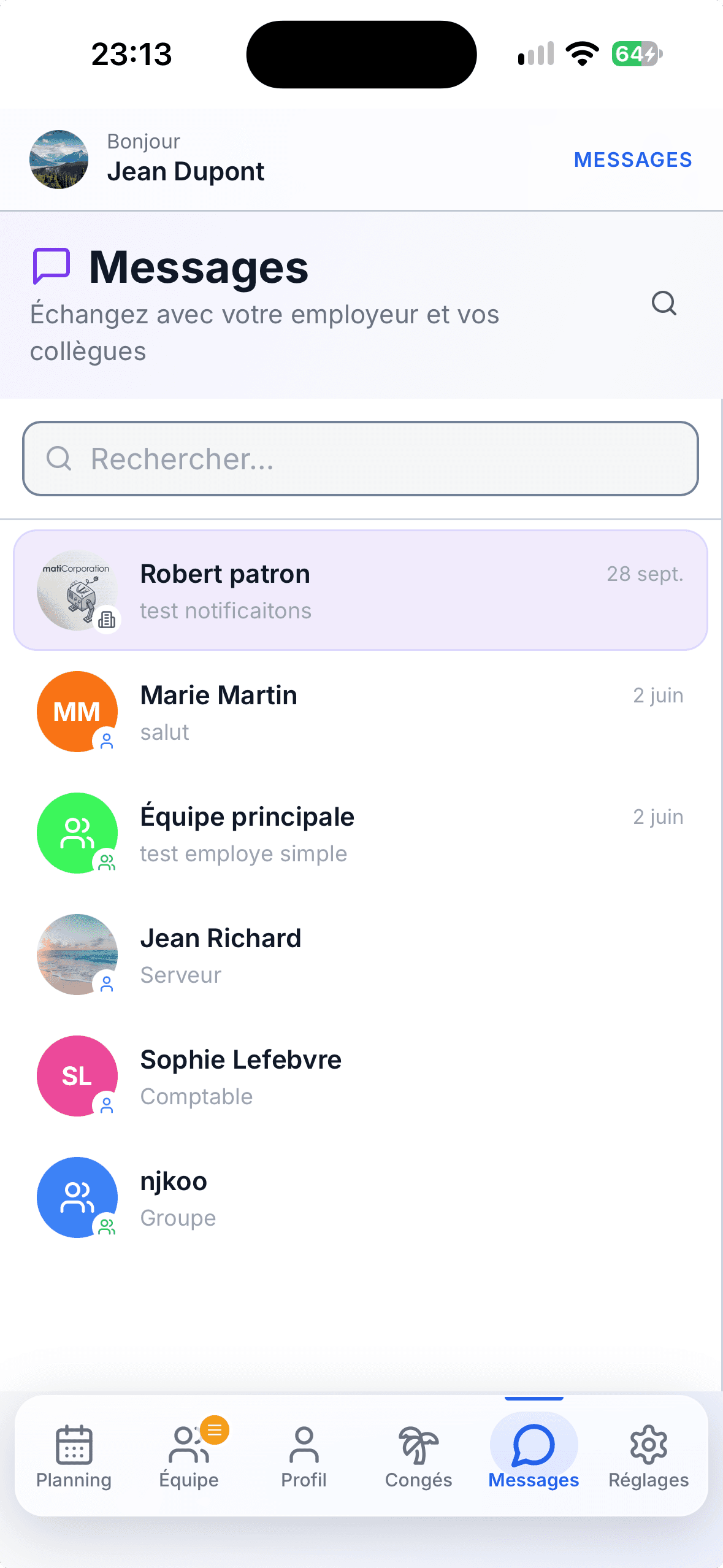 Espace employé TRHOM : Messages