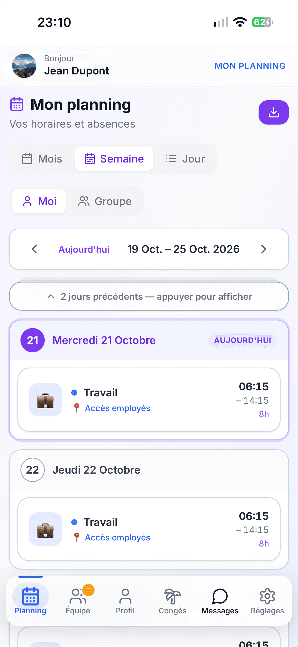 Espace employé TRHOM : Mon planning