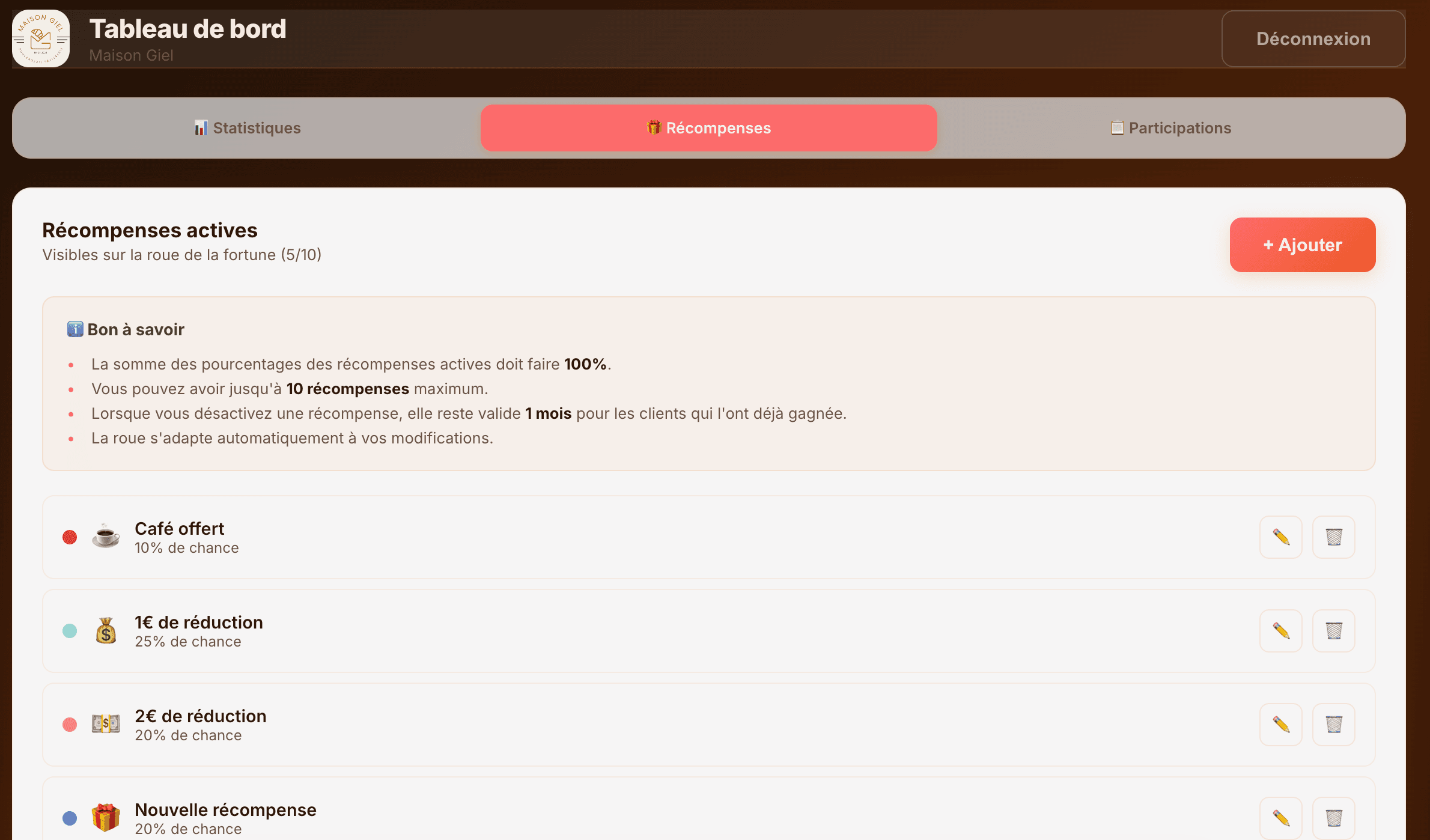 Gestion des récompenses – Modification et probabilités