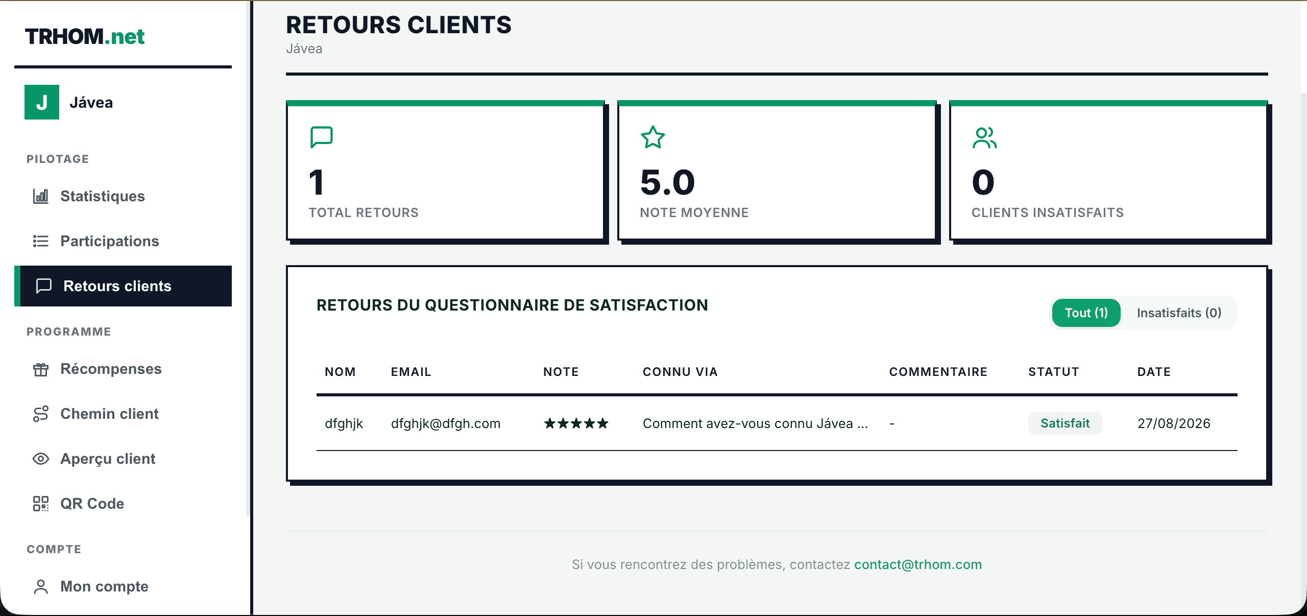 Tableau de bord Avis Google TRHOM — retours clients et statistiques en temps réel